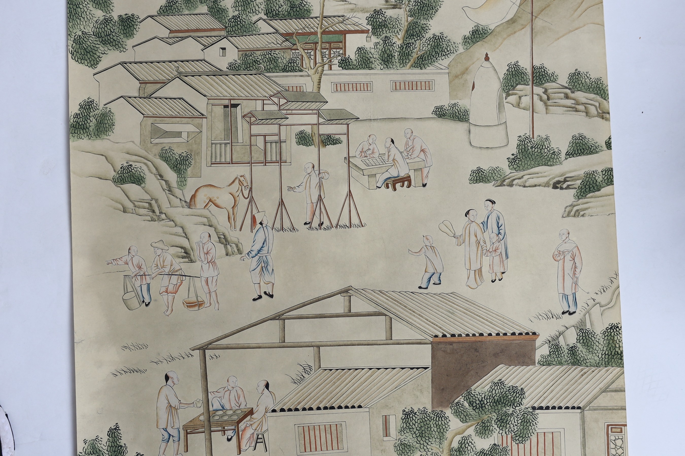 A Chinese painted wallpaper panel, c.1800, 148cm x 78cm